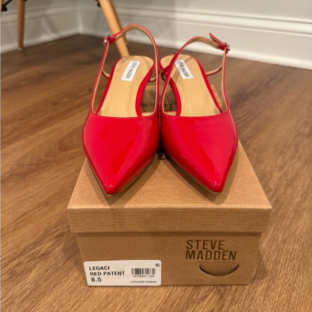 Brand New! Steve Madden Legaci Kitten-Heel Slingback Pumps in Red Patent.